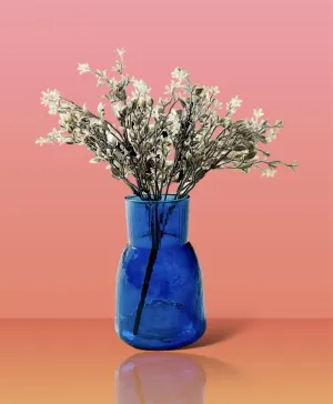 DAZZLEBERRY Blue Glass Vase Upper Top Ribbed Style Modern Flower Vase Home Decor | Living Room | Wedding Arrangements | Restaurant | Office Table Top (6 Inch Height, Only Glass Vase)