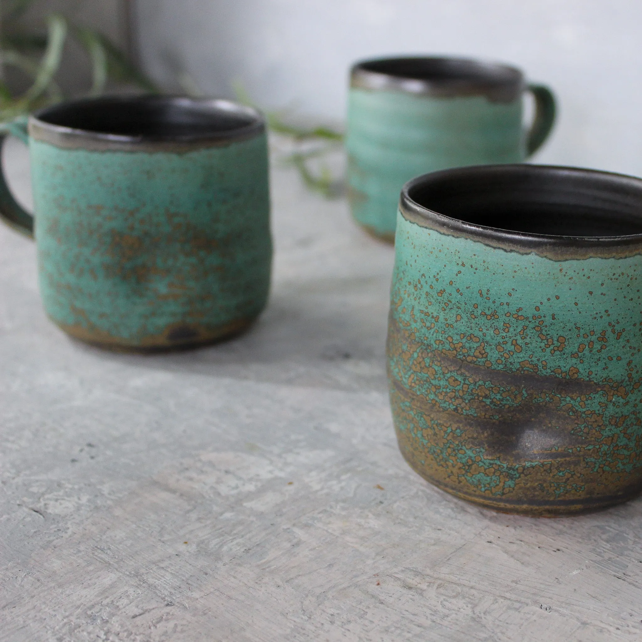 Large Black & Green Handled Mugs